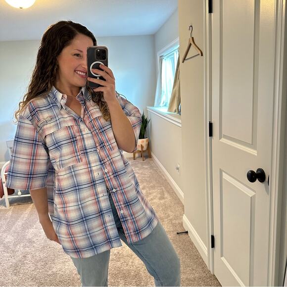 HABIT Red White Blue Plaid Button Front Fisherman Top Medium - Picture 4 of 9